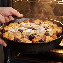 Hands Removing Hot Baked Fruit Cobbler with Crumble Topping and Fresh Berries from Oven