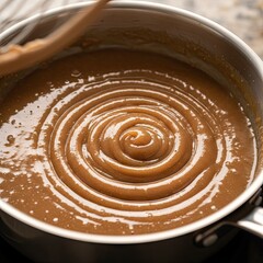 Thick Golden Caramel Sauce Swirling in Stainless Steel Pot with Wooden Spoon Stirring Close Up Macro Shot Natural Lighting