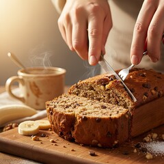 Warm Banana Bread Sliced With Chocolate Chips And Nuts On A Wooden Board With Steaming Coffee In A Mug Beside A Banana And Napkin Soft Natural Light