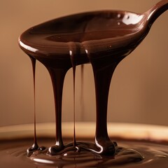 Rich Molten Dark Chocolate Pouring from Spoon into Creamy Confectionery with Warm Brown Background and Soft Lighting