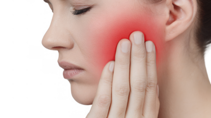 Close up of a woman gently touching her swollen cheek, experiencing discomfort and potential inflammation, isolated on a transparent background