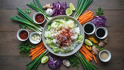 Overhead View Of Fresh Ingredients Arranged Artfully For Kimchi Preparation On A Rustic Wooden Table