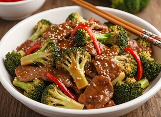 Delicious Beef and Broccoli Stir Fry with Red Peppers and Sesame Seeds in a White Bowl with Chopsticks on a Wooden Table