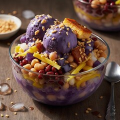 Delicious Purple Sweet Potato Ice Cream Halo Halo Dessert with Beans and Fruits in a Glass Bowl on a Wooden Table