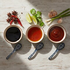 Top View of Three Ceramic Bowls Filled With Assorted Sauces And Seasonings Including Star Anise And Chili Peppers On Rustic White Table