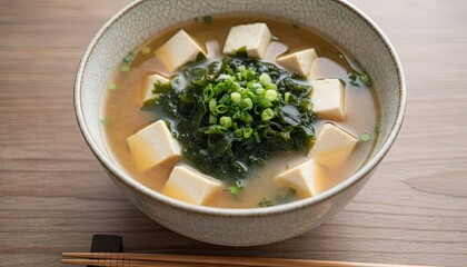 A bowl of Japanese Miso Soup with Tofu Seaweed and Scallions overhead view with chopsticks on a wooden table