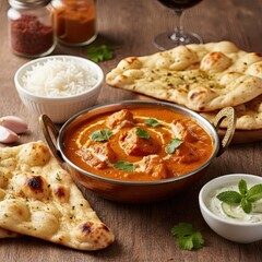 Delicious Indian Butter Chicken Curry with Basmati Rice and Naan Bread Served with Raita on a Wooden Table