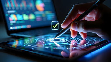 Digital Verification: A hand expertly uses a stylus to digitally verify data on a tablet, with a laptop displaying dynamic charts in the background. Capturing the digital work in progress.