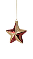 Shiny red and gold star Christmas ornament with elegant gold glitter scroll patterns isolated.