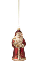 Red and champagne gold Santa Claus Christmas tree ornament with glitter details isolated.