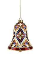 Ornate gold bell shaped Christmas ornament with red blue and white enamel patterns isolated.