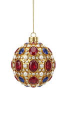 Luxury gold Christmas ball ornament with red rubies blue sapphires pearls and diamonds isolated.