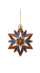 Ornate gold star Christmas tree ornament with red white and blue geometric panels isolated.