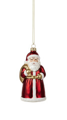 Red and gold Santa Claus Christmas tree ornament with white glitter details isolated.
