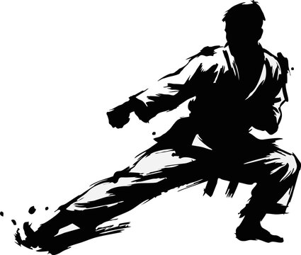 Karate Low Sweep Kick Ink Brush Silhouette. Action Sport Vector