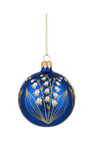 Matte blue Christmas ball ornament with white pearl lily of the valley flowers and gold glitter isolated.