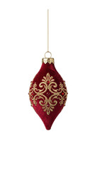 Red velvet teardrop Christmas ornament with gold embroidery and red crystals isolated.