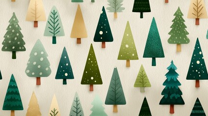 Whimsical Pine Forest Pattern with Stylized Evergreen Trees Beige Background Soft Green Flat Nature Illustration Retro Book Style Vector