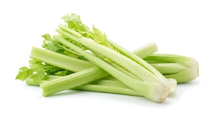 Fresh crisp celery stalks with vibrant green leaves piled together isolated on a clean white background ready for healthy cooking or snacking