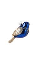 Shiny blue and silver bird Christmas tree ornament with glitter swirl patterns isolated.