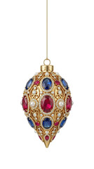Luxury gold egg shaped Christmas ornament with rubies sapphires pearls and diamonds isolated.