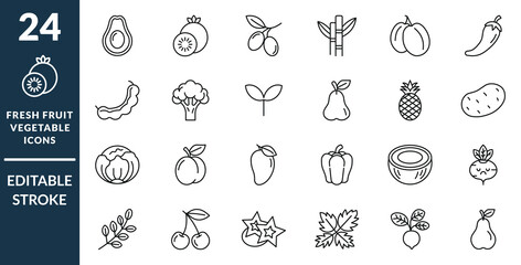 fresh fruit and vegetable line icons set, editable stroke, healthy food outline, organic natural fruits symbols