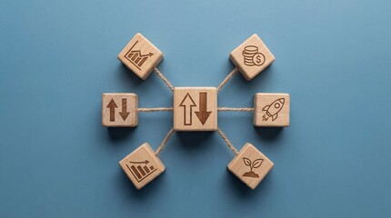 Business wooden cubes illustrating volatile business startup growth with rise and fall arrows financial risk opportunity balance and market fluctuation concept.