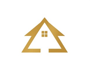 A golden, minimalistic house illustration on a white background. It has a triangular roof with an open-windowed attic