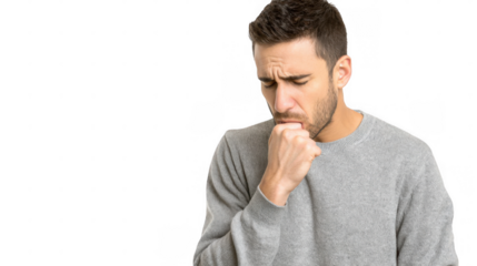 Young man is coughing and experiencing chest pain, suggesting he might be suffering from a cold, flu, or other respiratory illness, with transparent background