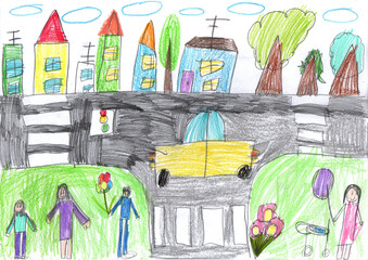 Child drawing buildings and cars. Happy family on a walk. Pencil art in childish style