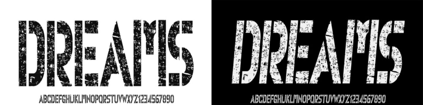 Grunge font, large alphabet with a letterpress eroded rough texture, thick glitch letters and numbers