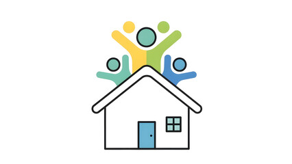 A minimalist illustration of a house with a family of cheerful people above it, rendered in a flat line style. The design represents a safe home, family unity, and a positive living environment.