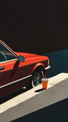 Retro Car with Drink on Sidewalk
