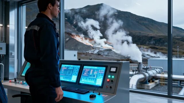 Worker monitoring geothermal plant control systems inside a hightech facility nestled in mountainous terrain with steam vents outside.