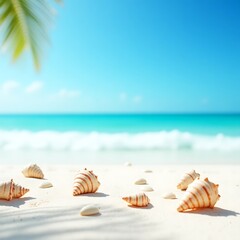 seashells on beach sand with bright blue sky