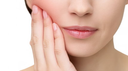 Close up of a woman gently touching her swollen cheek, experiencing discomfort and potential inflammation, isolated on a transparent background