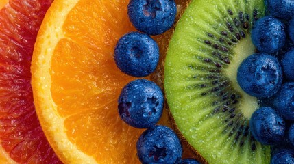 Fresh sliced fruits and berries with water droplets