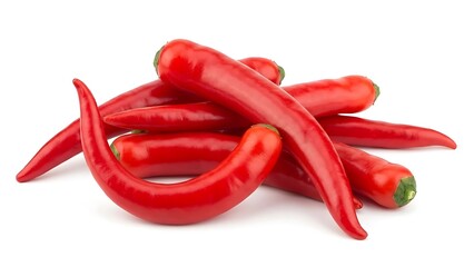 Vibrant pile of fresh bright red chili peppers with glossy skin stacked together against a clean white background for culinary spice concepts