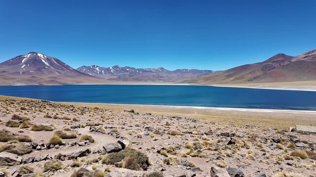 San Pedro de Atacama, Chile: Panorama footage of Lagunas Miscanti,  blue water lake near San Pedro de Atacama, Chile with Mi&ntilde;iques volcano in the background in south America on the Altiplano