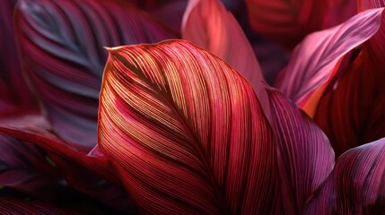 Macro close up of red patterned plant leaves