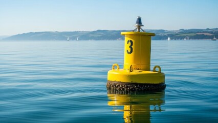 Yellow navigation buoy floating on calm blue water
