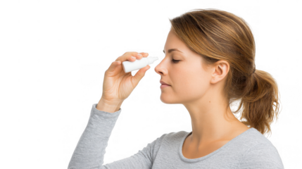 Close up profile of a woman using a nasal spray with her eyes closed, demonstrating a common method of administering medication for allergies or congestion, against a transparent background