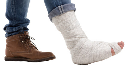 Close up of a patient carefully wrapping a medical bandage around their injured ankle, providing support and promoting healing, against a transparent background