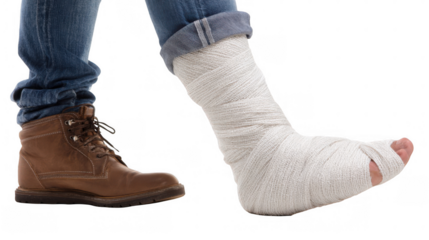 Close up of a patient carefully wrapping a medical bandage around their injured ankle, providing support and promoting healing, against a transparent background