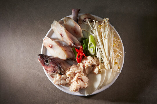 Pollack soup ingredients on a plate