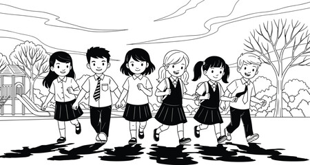 Happy school children walking together illustration, students friendship, education lifestyle, childhood joy, teamwork, diversity, outdoor learning, line art drawing