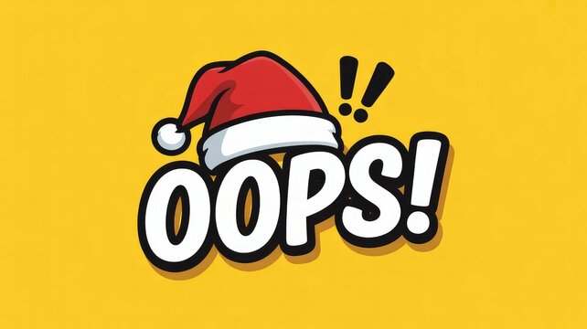 Cartoon oops message with a festive santa hat illustration on a bright yellow background
