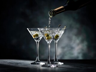Martini Glasses with Olives and Pouring from a Bottle.