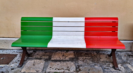 Wooden Park Bench Painted in Italian Tricolor Flag Colours