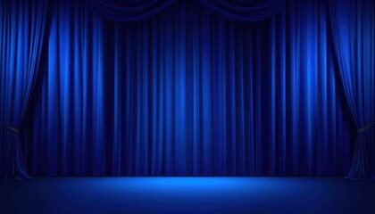 Blue stage curtain with spotlight on empty theatrical stage evoking anticipation and dramatic atmosphere